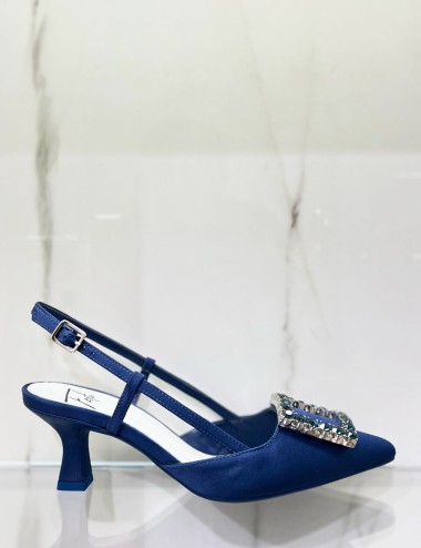 Slingback STEFI in raso con gioiello blu
