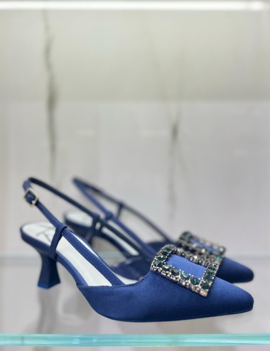 Slingback STEFI in raso con gioiello blu