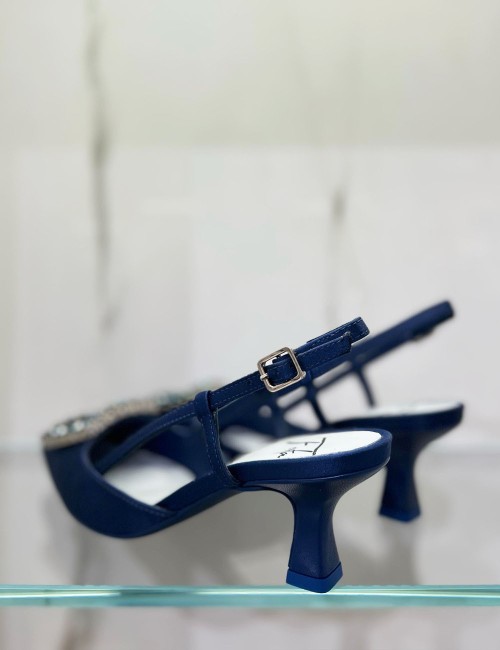 Slingback STEFI in raso con gioiello blu