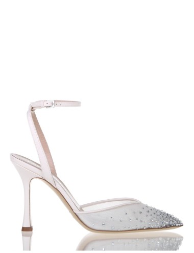 Slingback MYA con cinturino alla caviglia in nappa con punta in rete e strass avorio