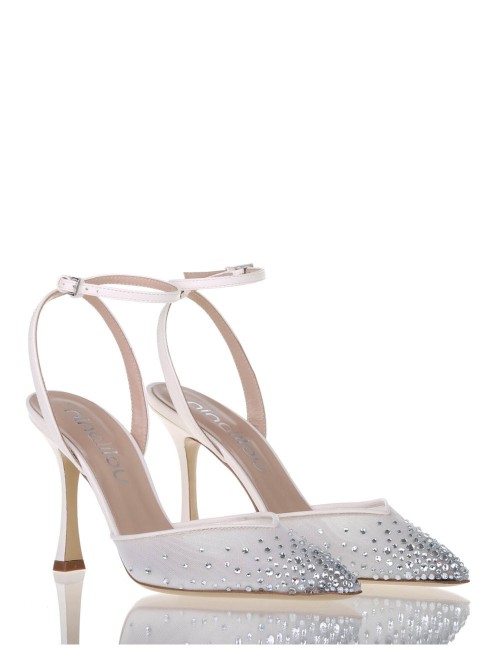 Slingback MYA con cinturino alla caviglia in nappa con punta in rete e strass avorio