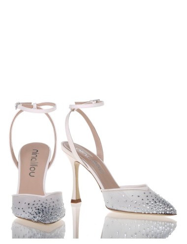 Slingback MYA con cinturino alla caviglia in nappa con punta in rete e strass avorio
