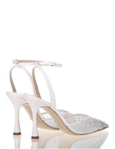 Slingback MYA con cinturino alla caviglia in nappa con punta in rete e strass avorio