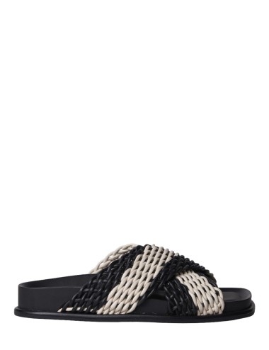 CHASE BASKET WEAVE CROSS STRAP FOOTBED SLIDE BLACK WHITE