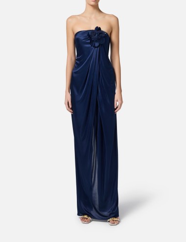 Red Carpet dress made of glossy jersey fabric with embroidered flower ultrmarine
