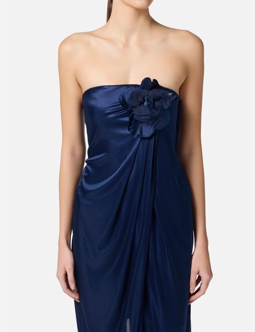 Red Carpet dress made of glossy jersey fabric with embroidered flower ultrmarine