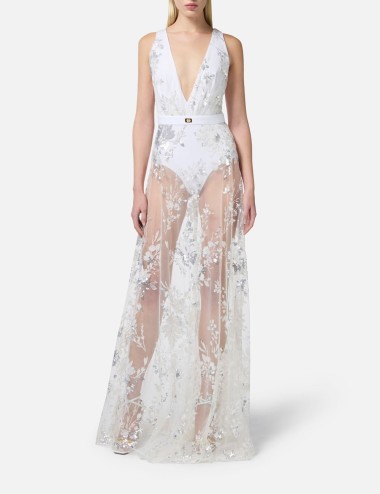Red Carpet dress made of jersey fabric with embroidered sequins ivory
