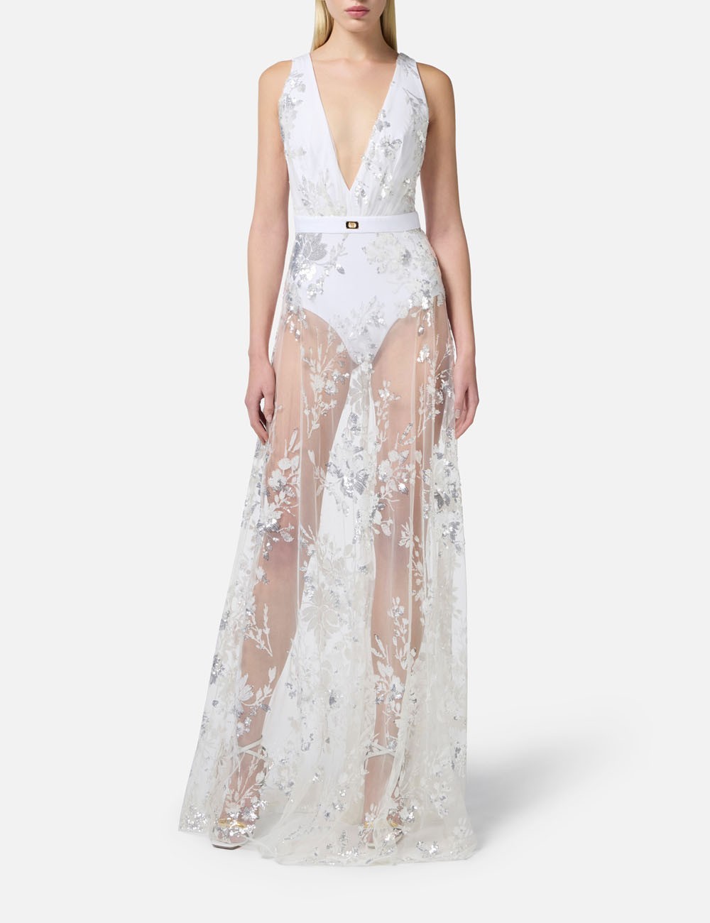 Red Carpet dress made of jersey fabric with embroidered sequins ivory