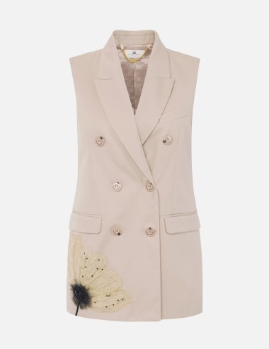 Cotton gabardine waistcoat with embroidered flower greige