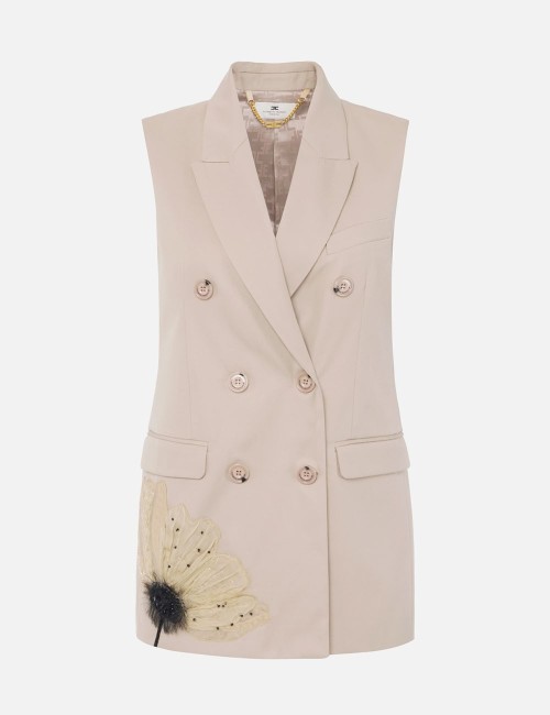 Gilet in gabardina di cotone con fiore ricamato greige