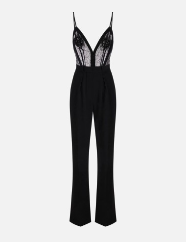 Jumpsuit in lightweight crêpe fabric with floral embroideries black