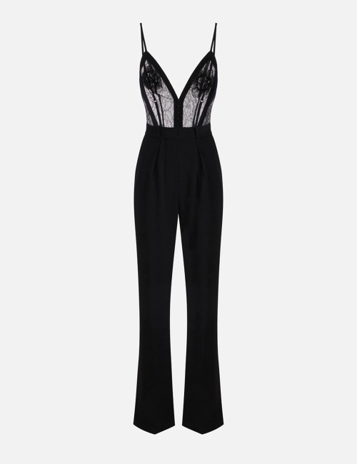 Jumpsuit in lightweight crêpe fabric with floral embroideries black