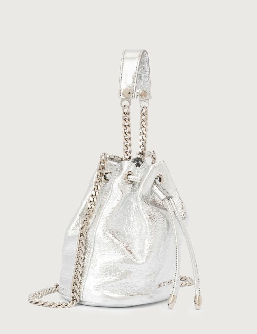 Nest Metal leather mini bucket bag with strap silver