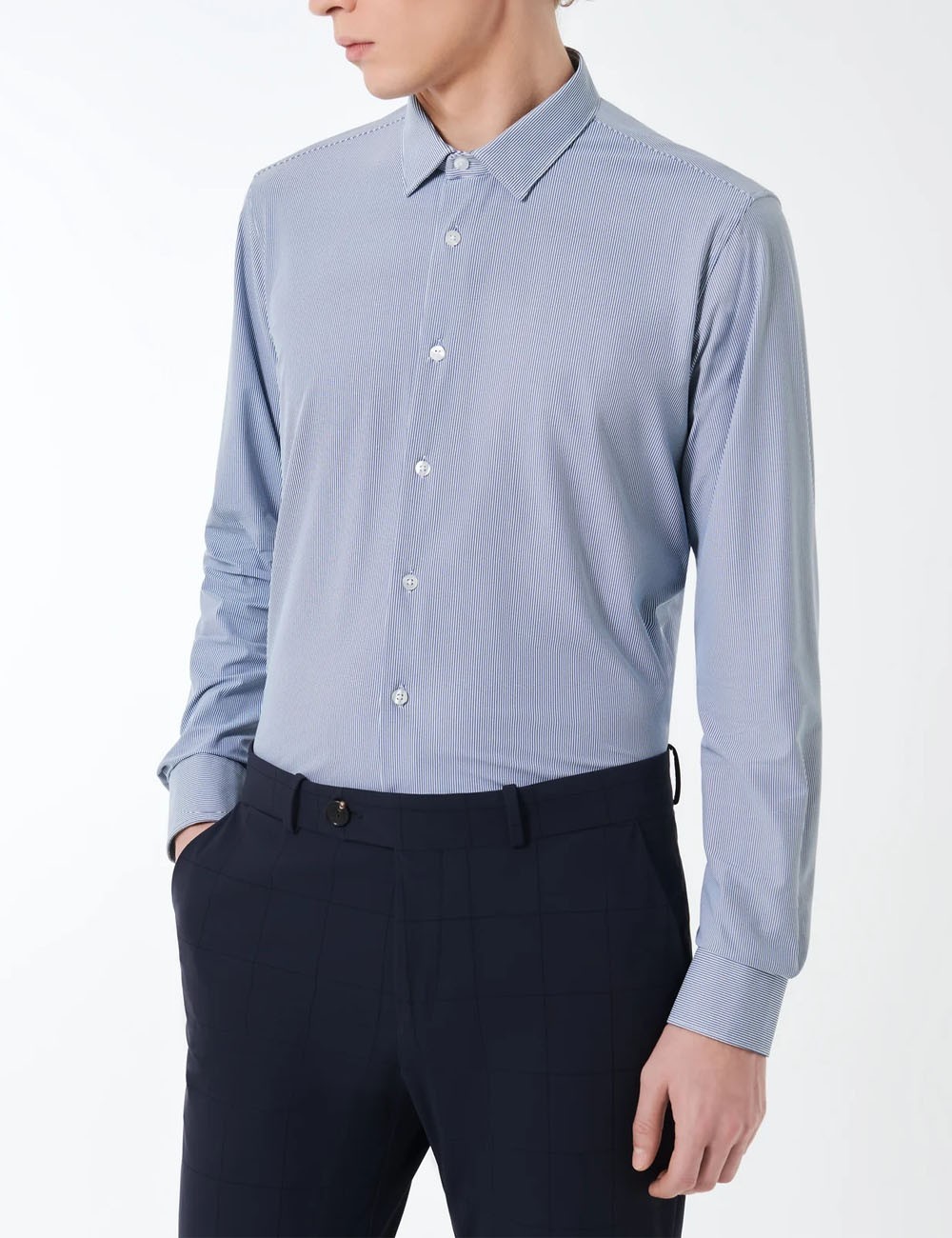 Oxford Jacquard Open Shirt Dark Blue Vertical Stripes Fancy