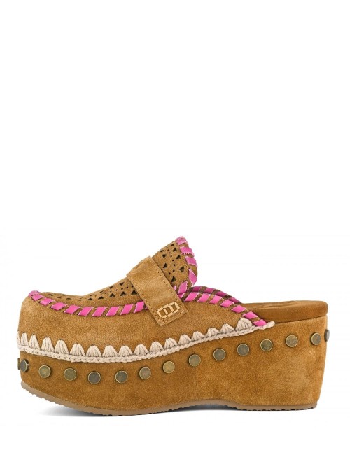 Zoccolo Clog leather overstitch cognac