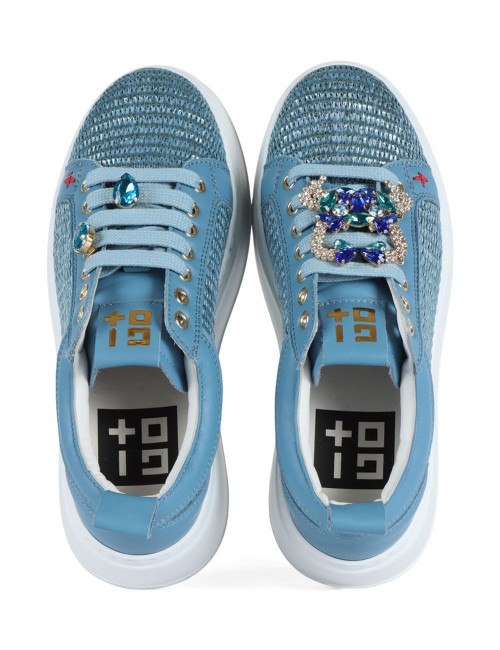 Sneakers PIA350B in pelle e rafia granchio celeste