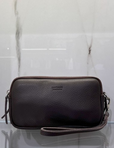Pochette in pelle con 3 zip marrone