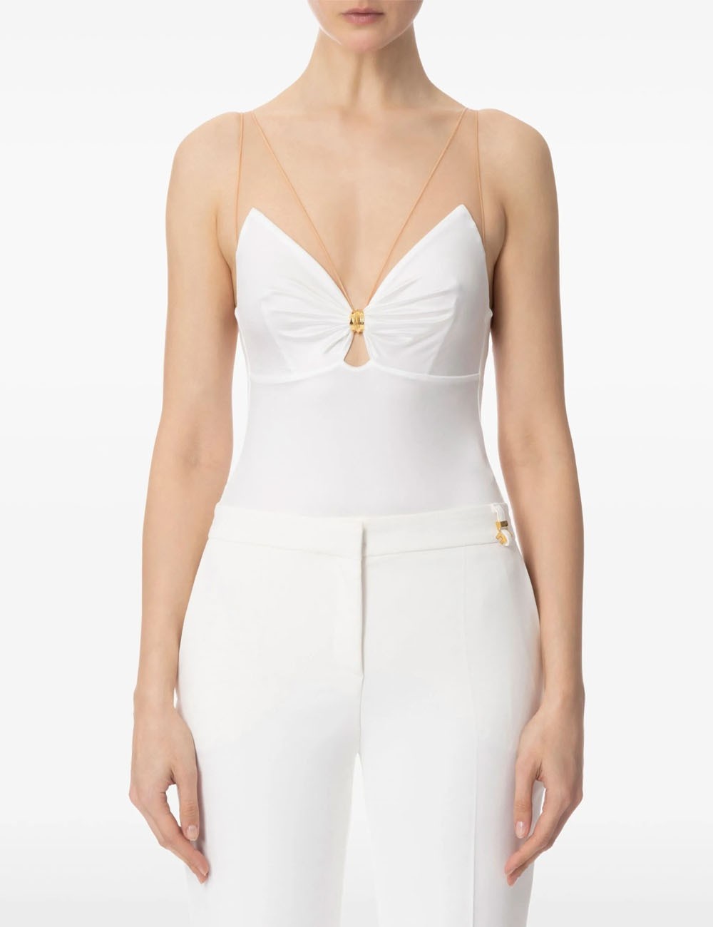 Body in lycra con spalline in tulle avorio