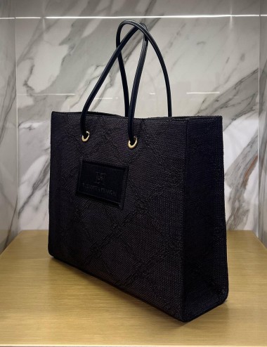 Large tote bag in jacquard raffia black