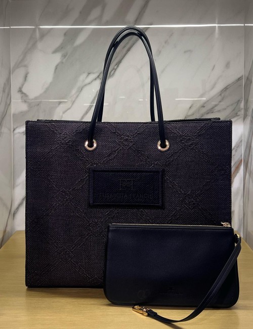 Large tote bag in jacquard raffia black