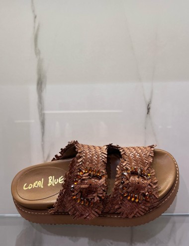 Sandali piattaforma in pelle intrecciata cognac