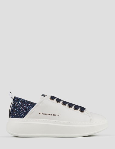 Sneakers Wembley in pelle bianca e tallone blu con strass