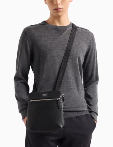 ASV regenerated Saffiano leather flat shoulder bag with eagle plate black
