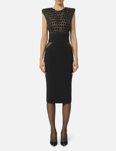 Dress in lightweight crêpe and tulle fabrics with crocodile-effect embroideries black