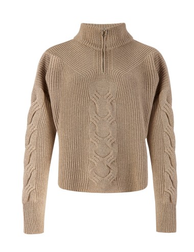 Maglia treccia 3d con zip davanti noce