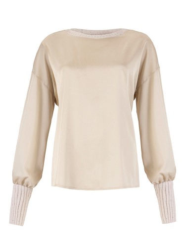 Maglia tunica giro in raso con cristalli gesso