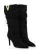 3/4 boot with ruffles in black suede