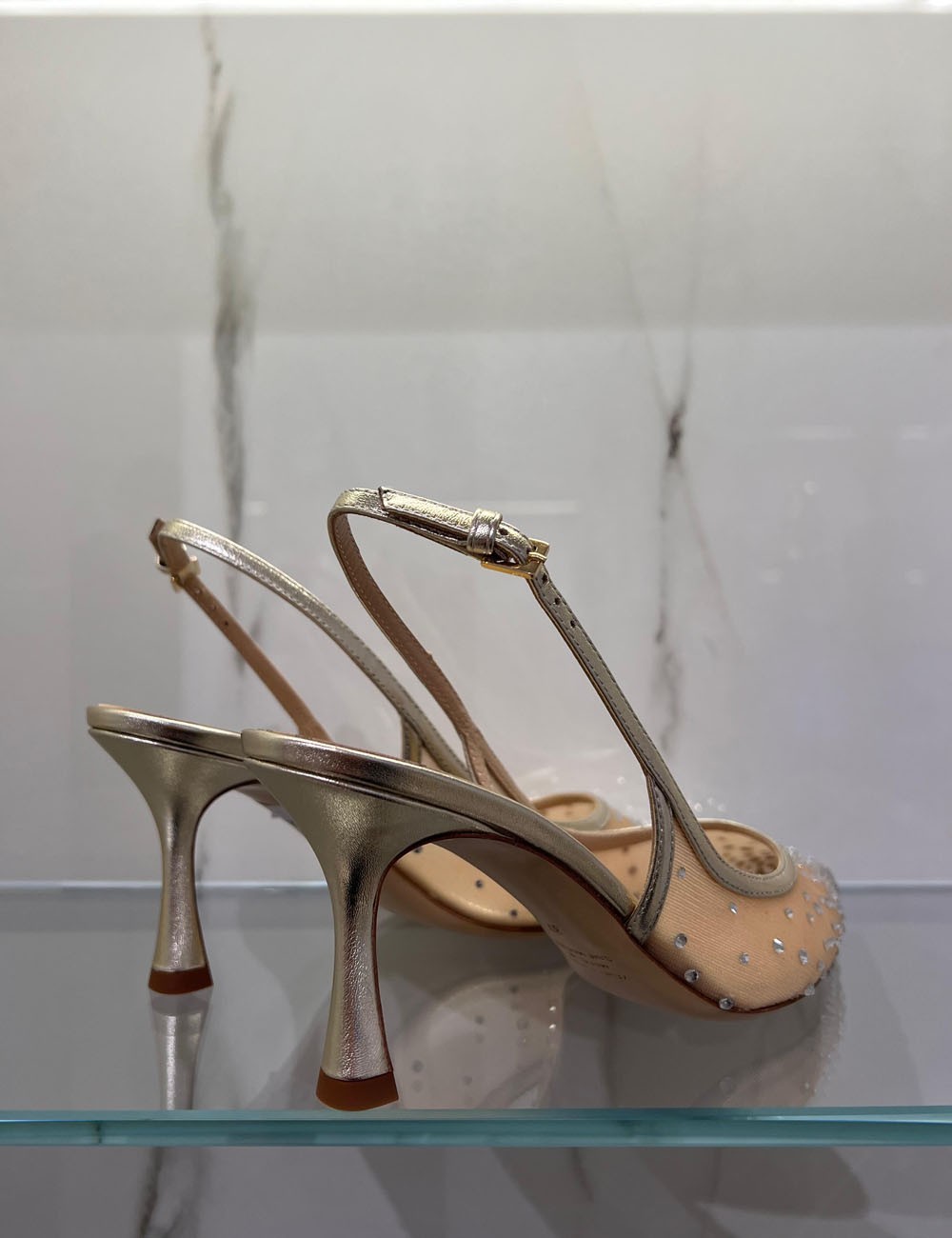 Slingback MYA in nappa laminata con punta in rete e strass platino