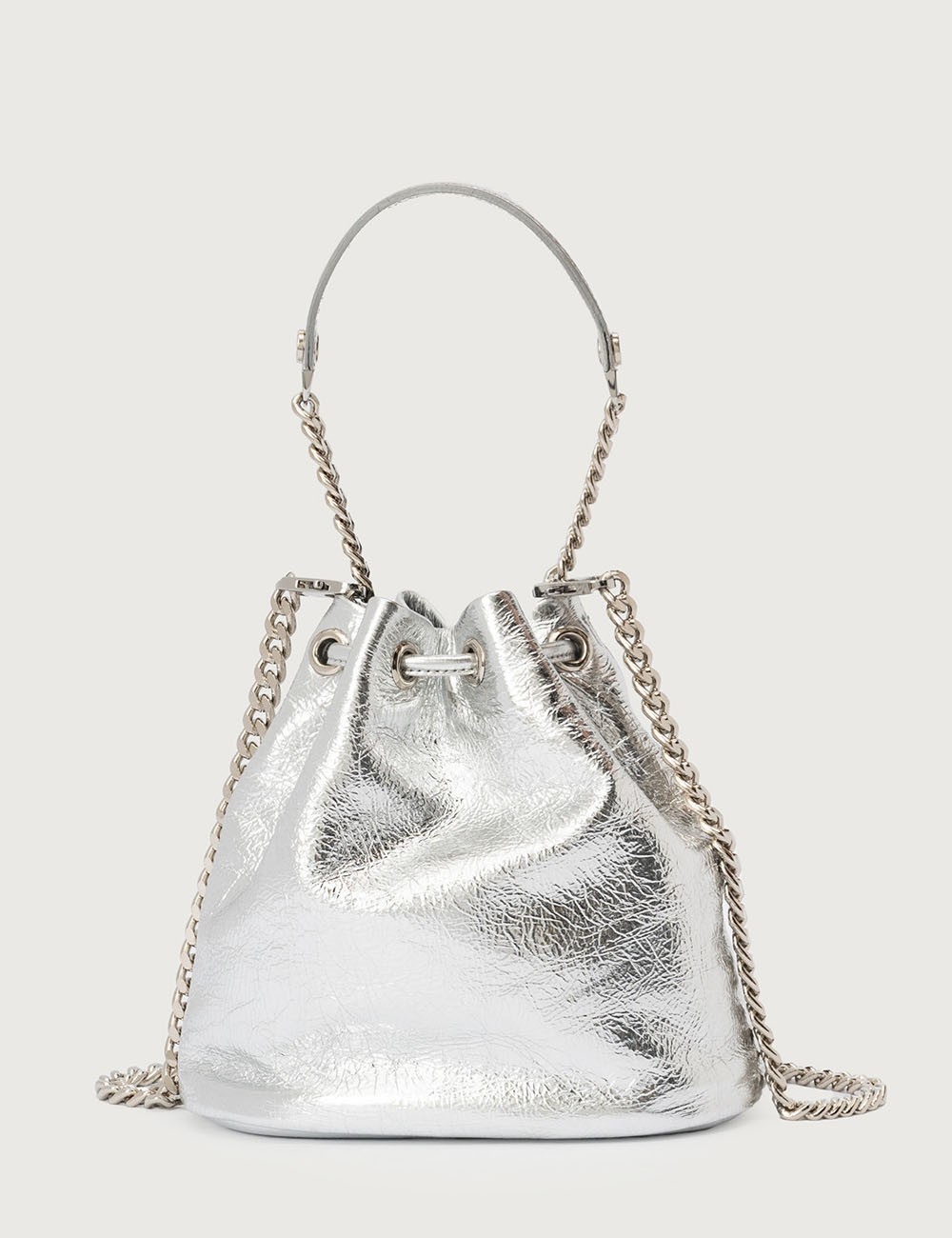 Mini secchiello Nest Metal in pelle con tracolla argento