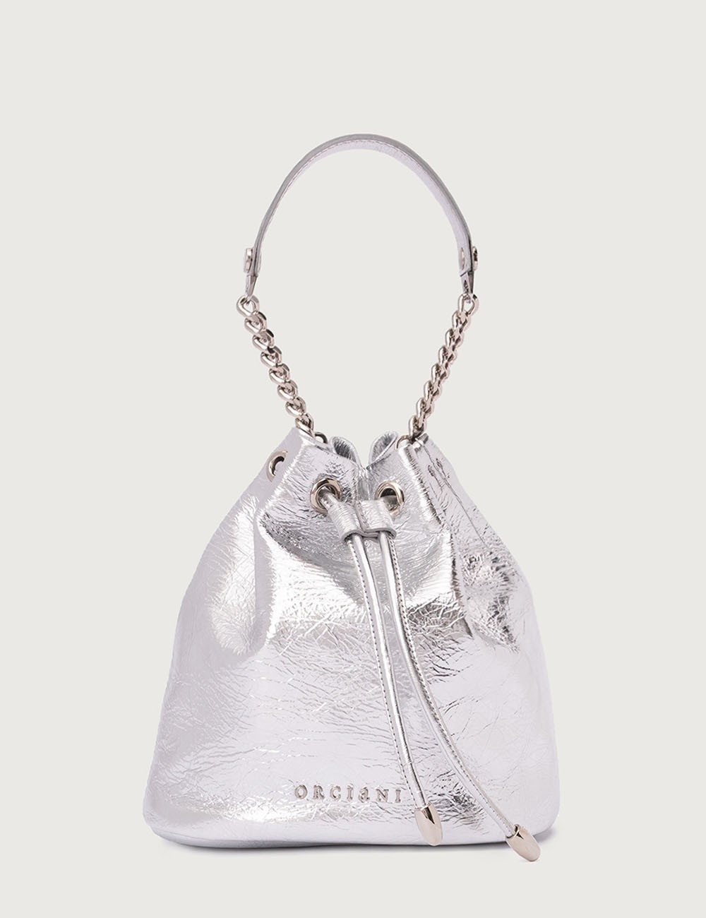 Mini secchiello Nest Metal in pelle con tracolla argento