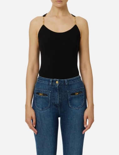 Top in ribbed knit fabric with openwork details black