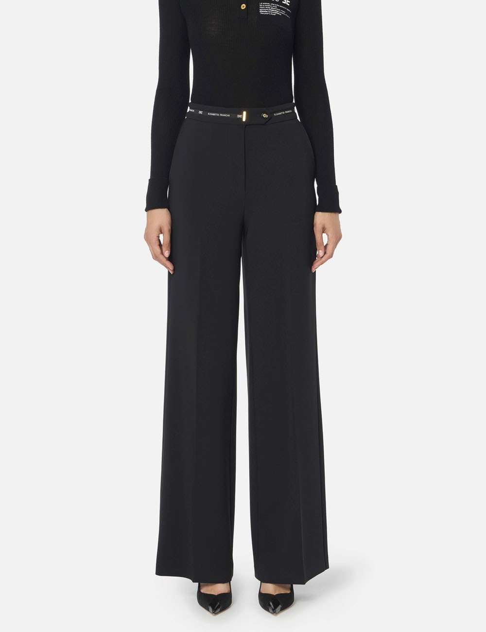 Trousers in lightweight crêpe fabric with logo ribbon nero