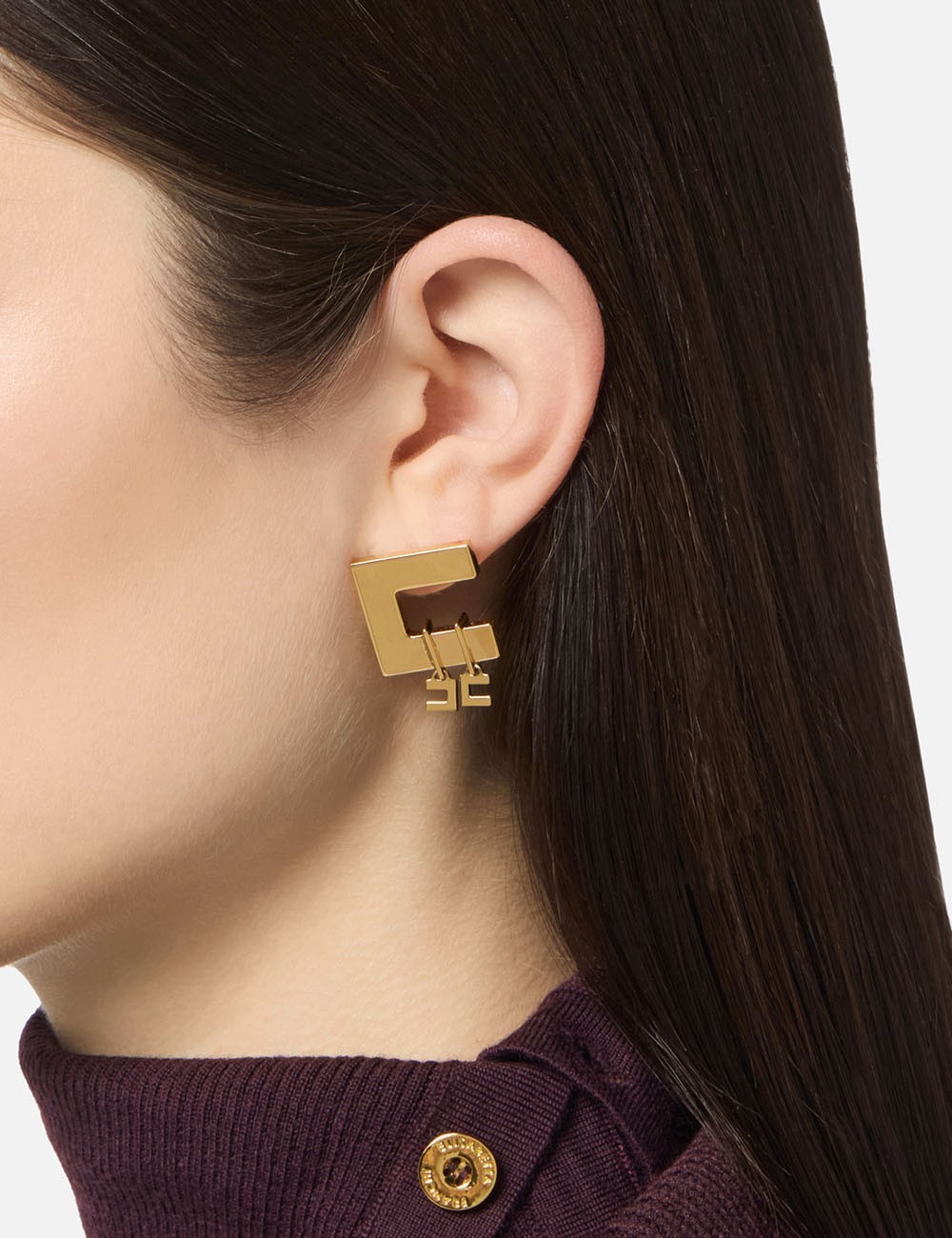 Earrings with double logo charms yellow gold