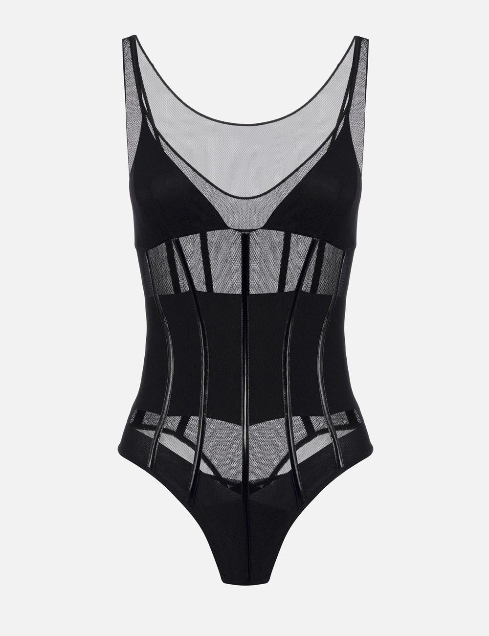 Bodysuit in stretch tulle fabric with vinyl details black