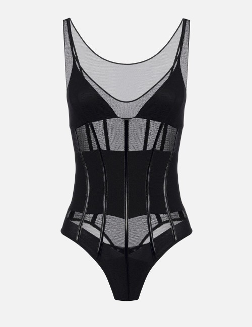 Body in tulle stretch con dettagli in vinile nero