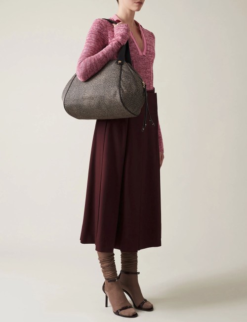 MARIE SHOPPER LARGE Borsa a spalla di tessuto riciclato OP NATURALE/NERO