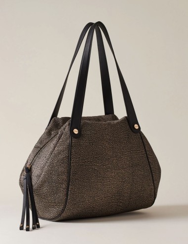 MARIE SHOPPER LARGE Borsa a spalla di tessuto riciclato OP NATURALE/NERO