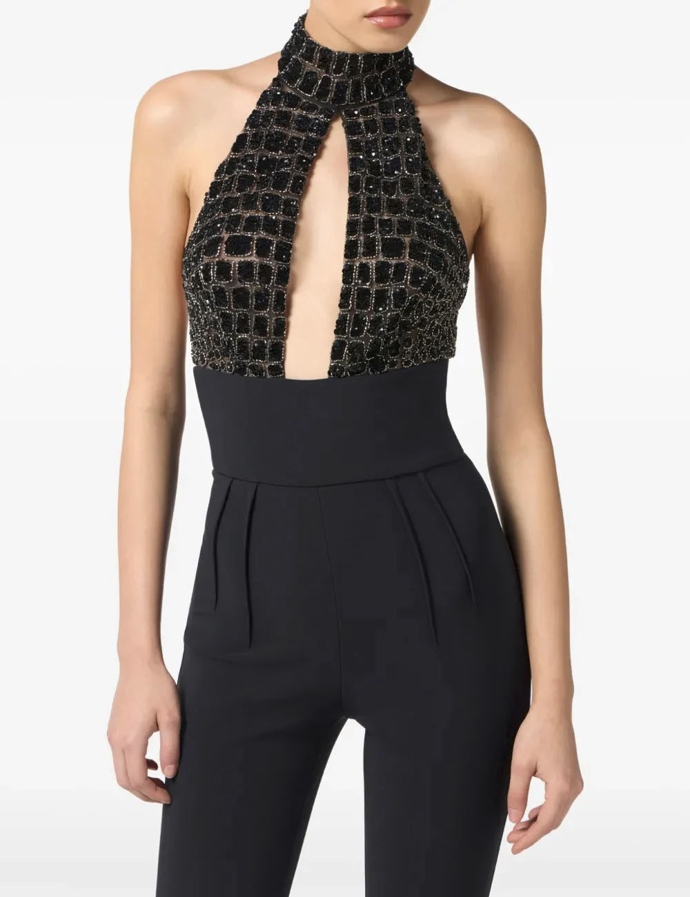 Tuta in Crêpe Leggero e Tulle con ricami nera