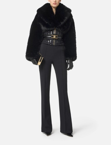 Jacket with fur effect and double-layer crêpe fabric black