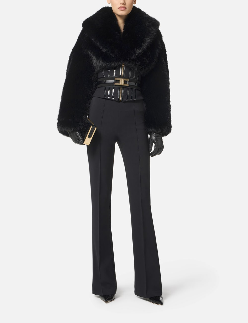 Jacket with fur effect and double-layer crêpe fabric black