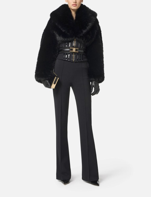 Jacket with fur effect and double-layer crêpe fabric black