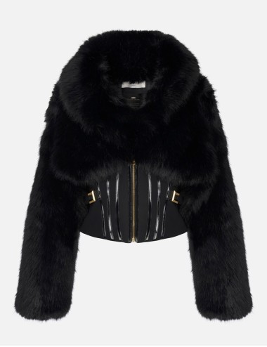 Jacket with fur effect and double-layer crêpe fabric black