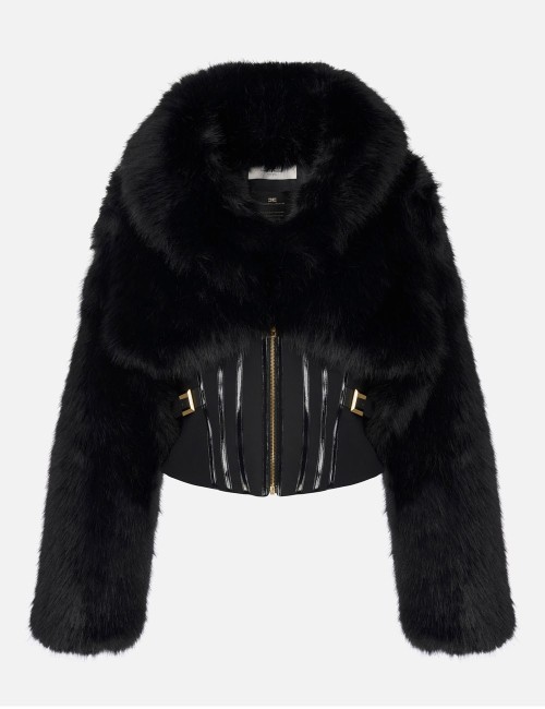 Jacket with fur effect and double-layer crêpe fabric black