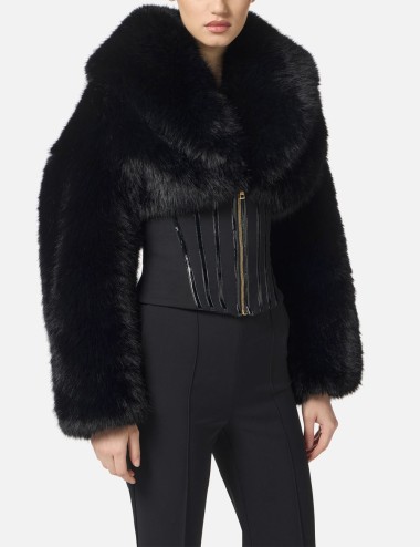 Jacket with fur effect and double-layer crêpe fabric black