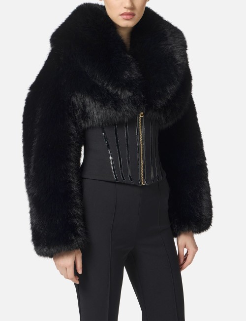 Jacket with fur effect and double-layer crêpe fabric black