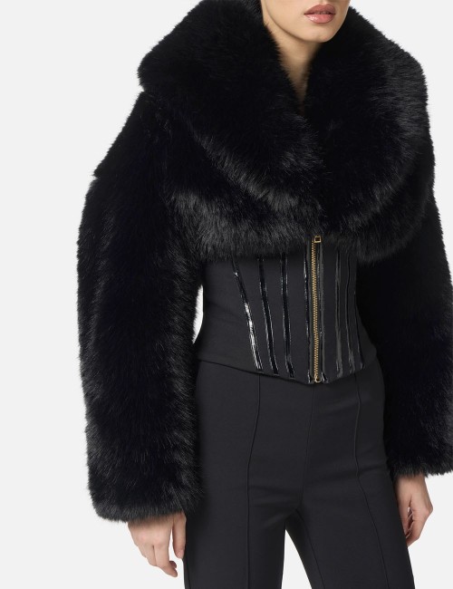 Jacket with fur effect and double-layer crêpe fabric black